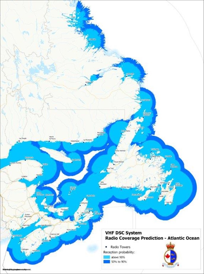 Radio Coverage Prediction for the Atlantic Ocean. VHF DSC Radio Coverage reception probability above 90% is indicated in light blue and probability of 50% to 90% is indicated in dark blue.