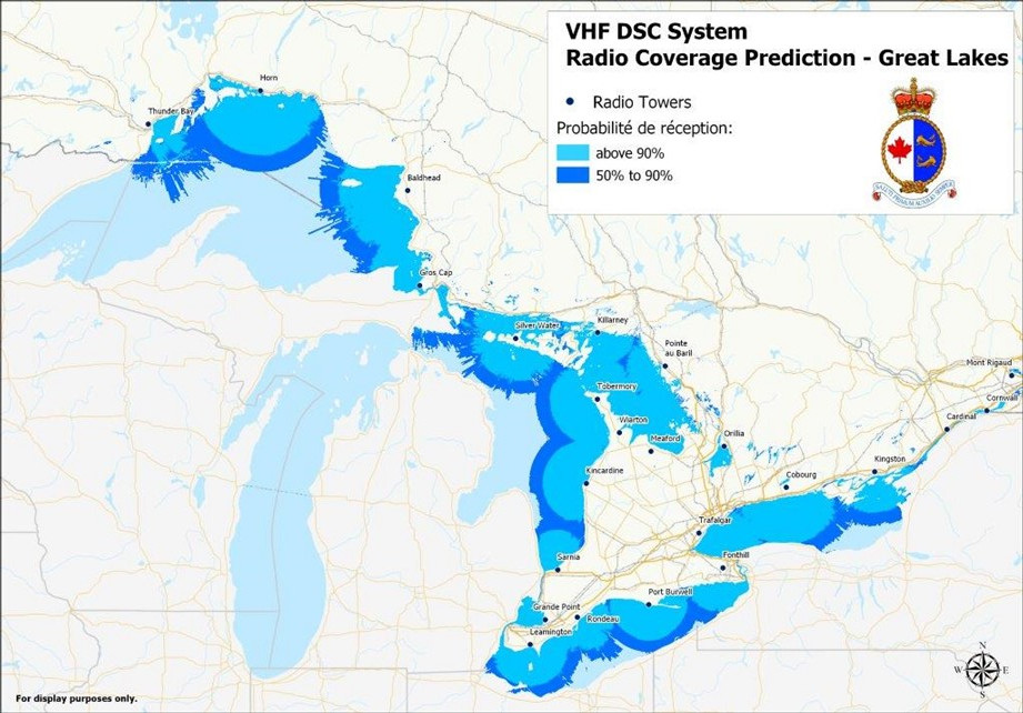 Radio Coverage Prediction for the Great Lakes. VHF DSC Radio Coverage reception probability above 90% is indicated in light blue and probability of 50% to 90% is indicated in dark blue.