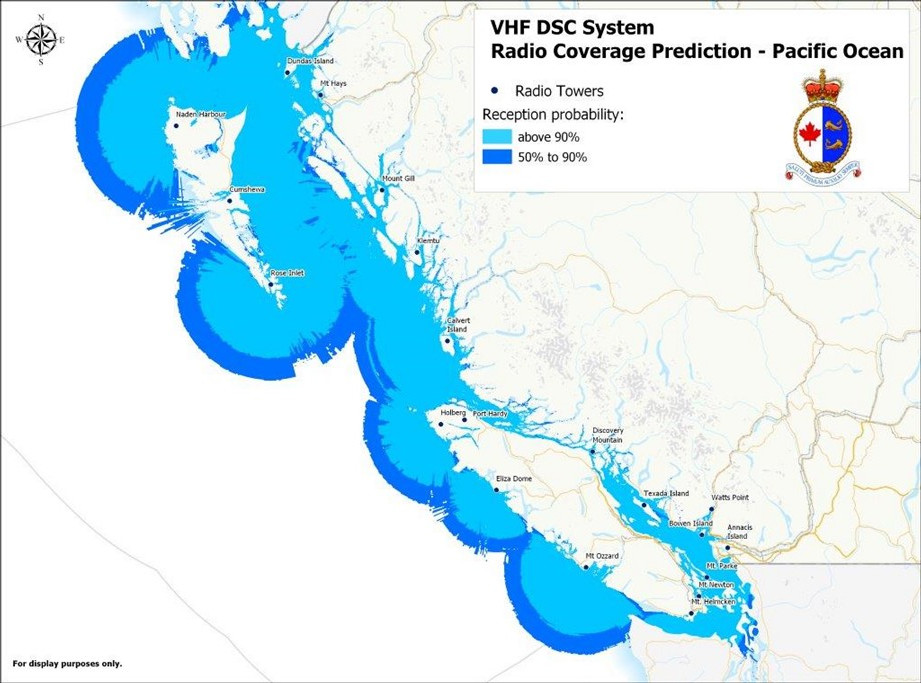 Radio Coverage Prediction for the Pacific Ocean. VHF DSC Radio Coverage reception probability above 90% is indicated in light blue and probability of 50% to 90% is indicated in dark blue.