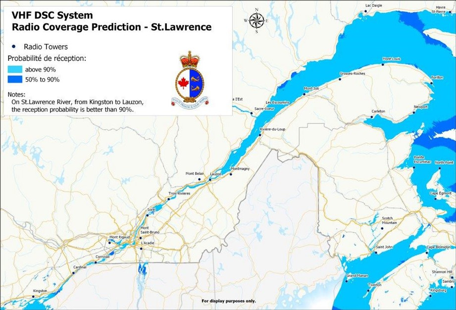 Radio Coverage Prediction for the St. Lawrence. VHF DSC Radio Coverage reception probability above 90% is indicated in light blue and probability of 50% to 90% is indicated in dark blue.