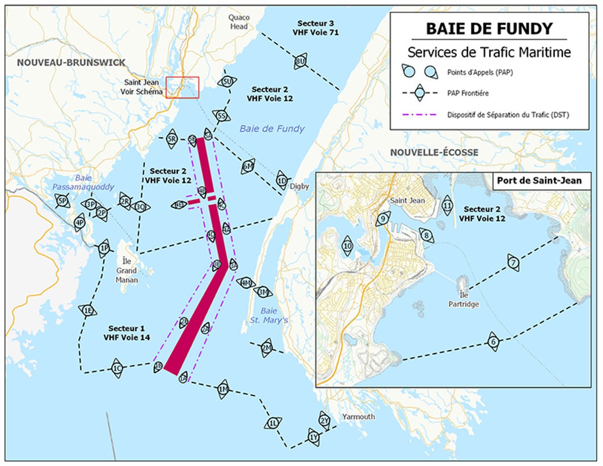 Carte de la Garde côtière canadienne montrant les voies de navigation de la baie de Fundy où les bâtiments sont avisés de naviguer volontairement à 10.0 nœuds lorsque des baleines noires de l'Atlantique Nord sont présentes.