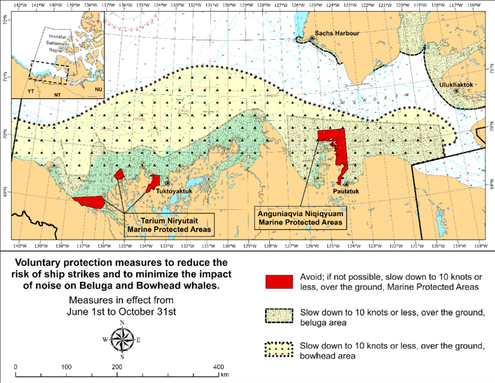 Map of voluntary protection measures to reduce the risk of ship strikes and to minimize the impact of noise on beluga and bowhead whales. Measures in effect from June 1st to October 31st. Legend includes areas in red which are to be avoided, if not possible, slow down to 10 knots or less, over the ground, Marine Protected Areas. The Tarium Niryutait Marine Protected Area and Anguniaqvia Niqiqyuam Marine Protected Areas are marked in red. Areas in light yellow with small black dots indicate to slow down to 10 knots or less, over the ground, beluga area, and areas in light yellow with small black triangles indicate to slow down to 10 knots or less, over the ground, bowhead area. 